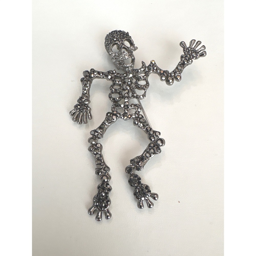 Gunmetal Skeleton‎ Brooch Hematite Rhinestone Gothic Halloween Statement Pin